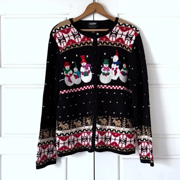 Vintage Embroidered Christmas Cardigan Sweater Womens Large Snowmen Fair Isle - Picture 1 of 12